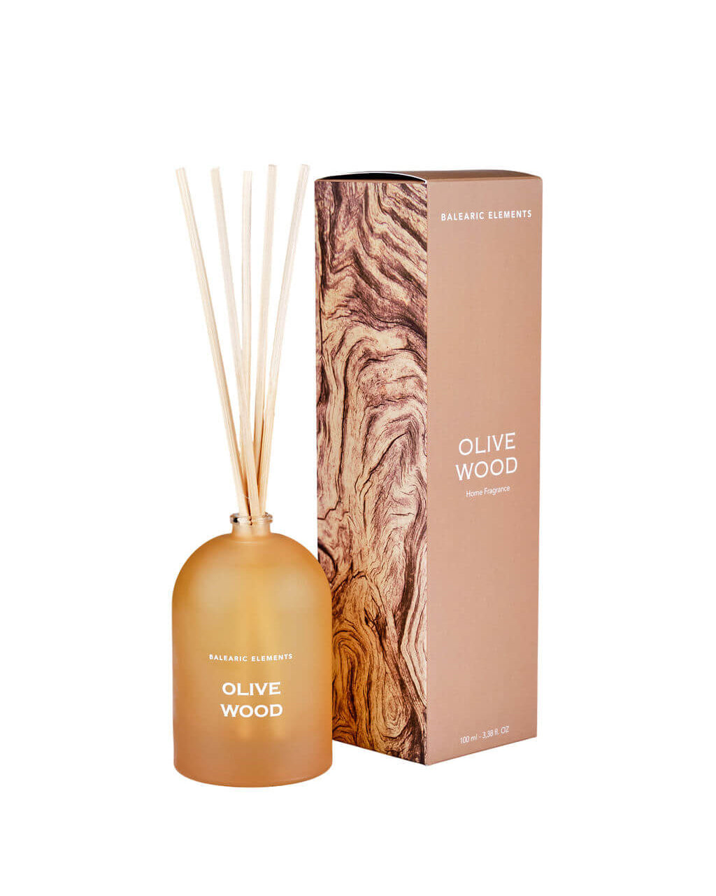 Olive Wood diffuser bottle and packaging on a white background