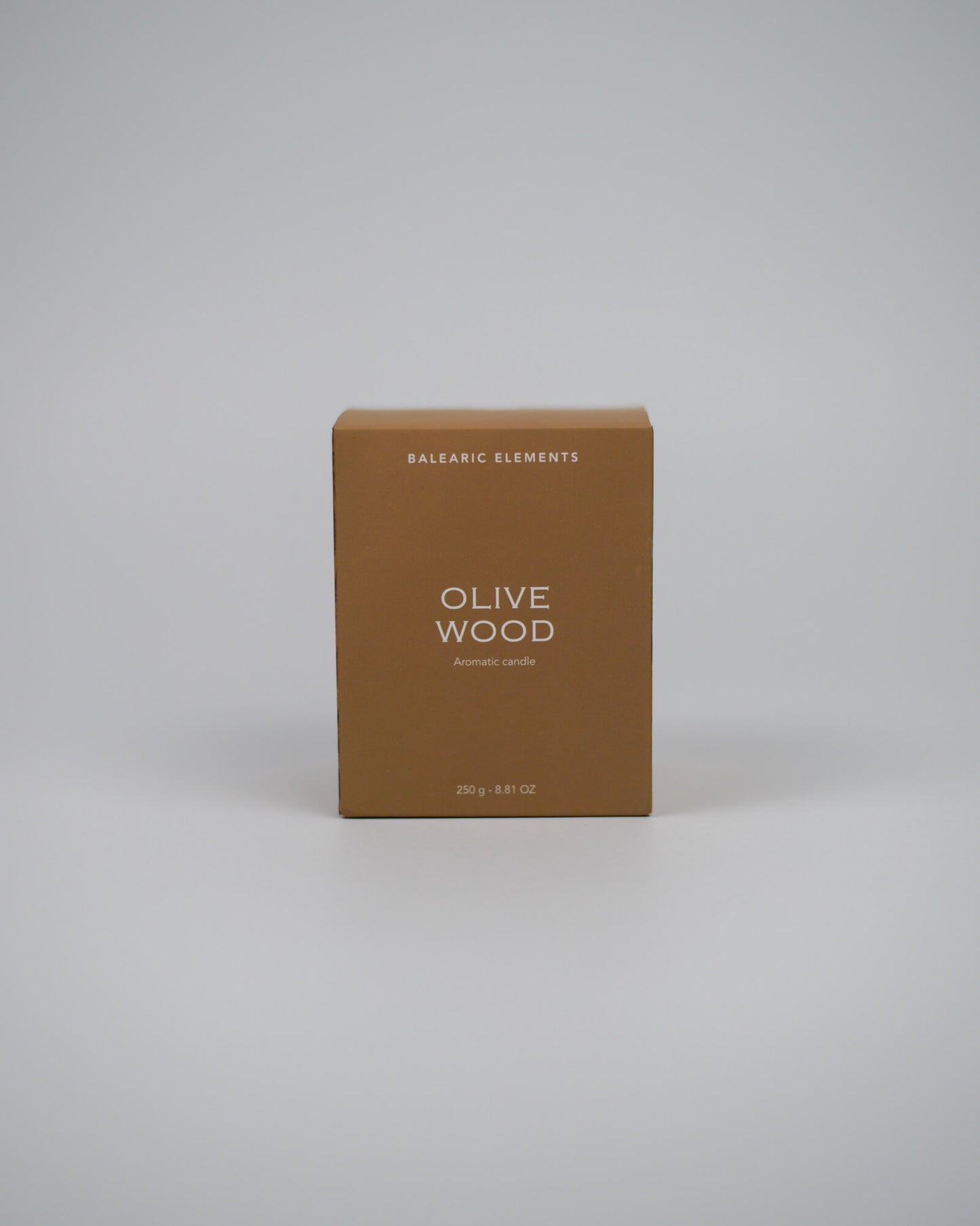 Brown box labeled 'Olive Wood' by Balearic Elements on a white background