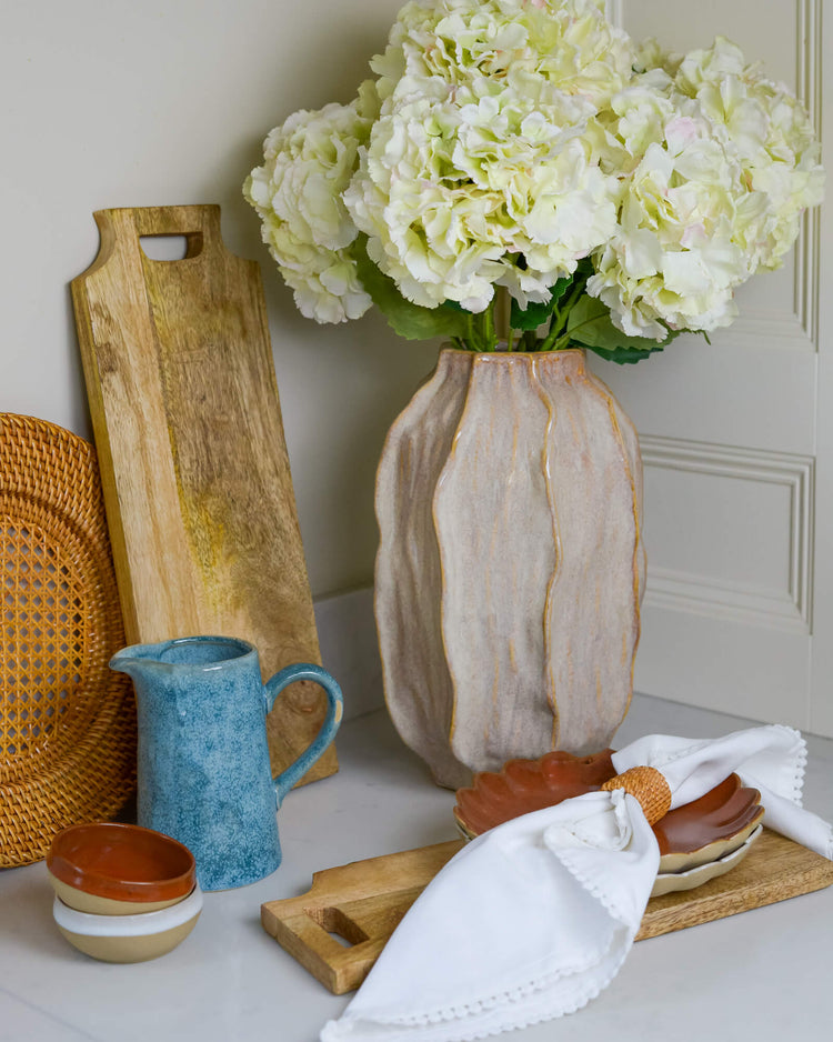 Beautiful, decorative statement vase with cream hydrangeas