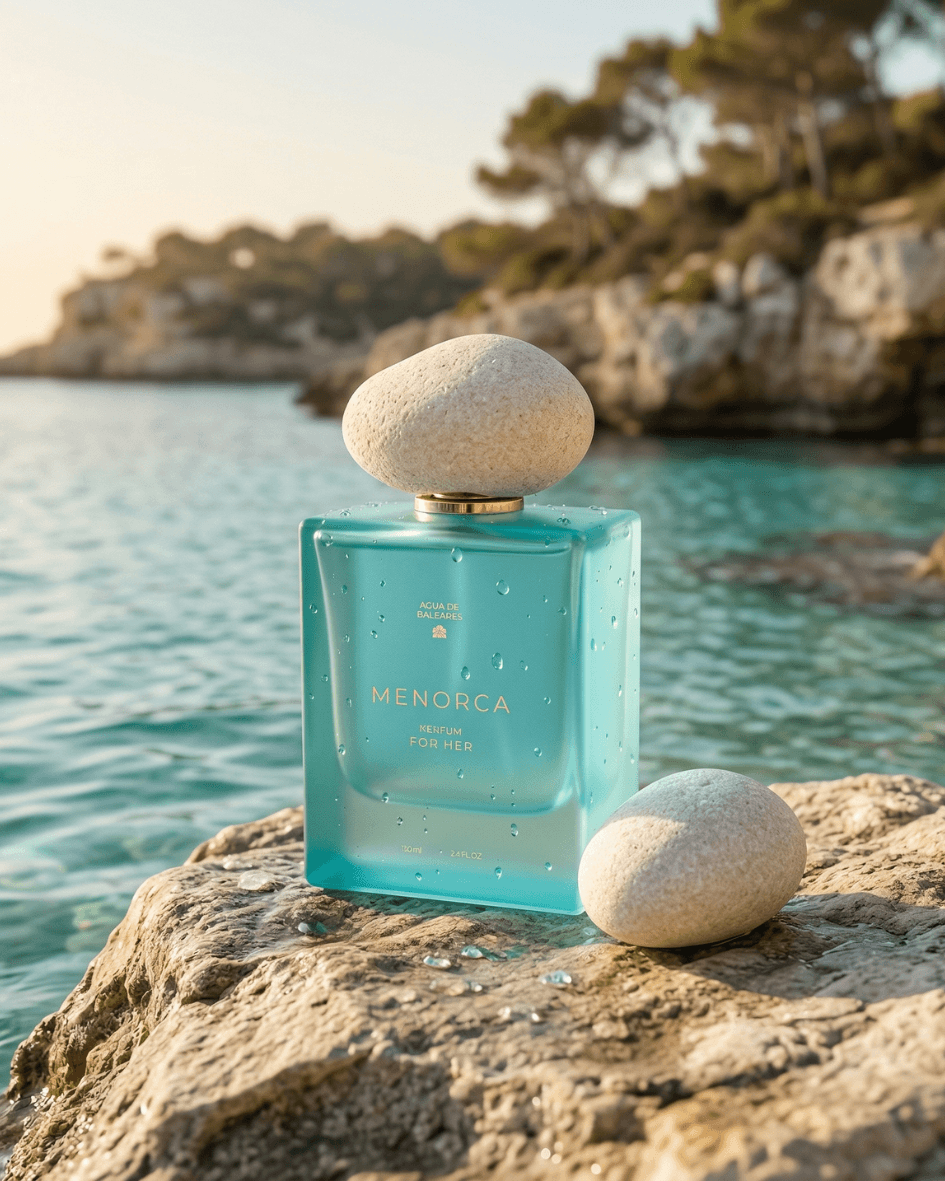 A turquoise rectangular perfume bottle labeled MENORCA stands on a rocky beach with sea and cliffs in the background, styled with two smooth white stones on top and beside it.