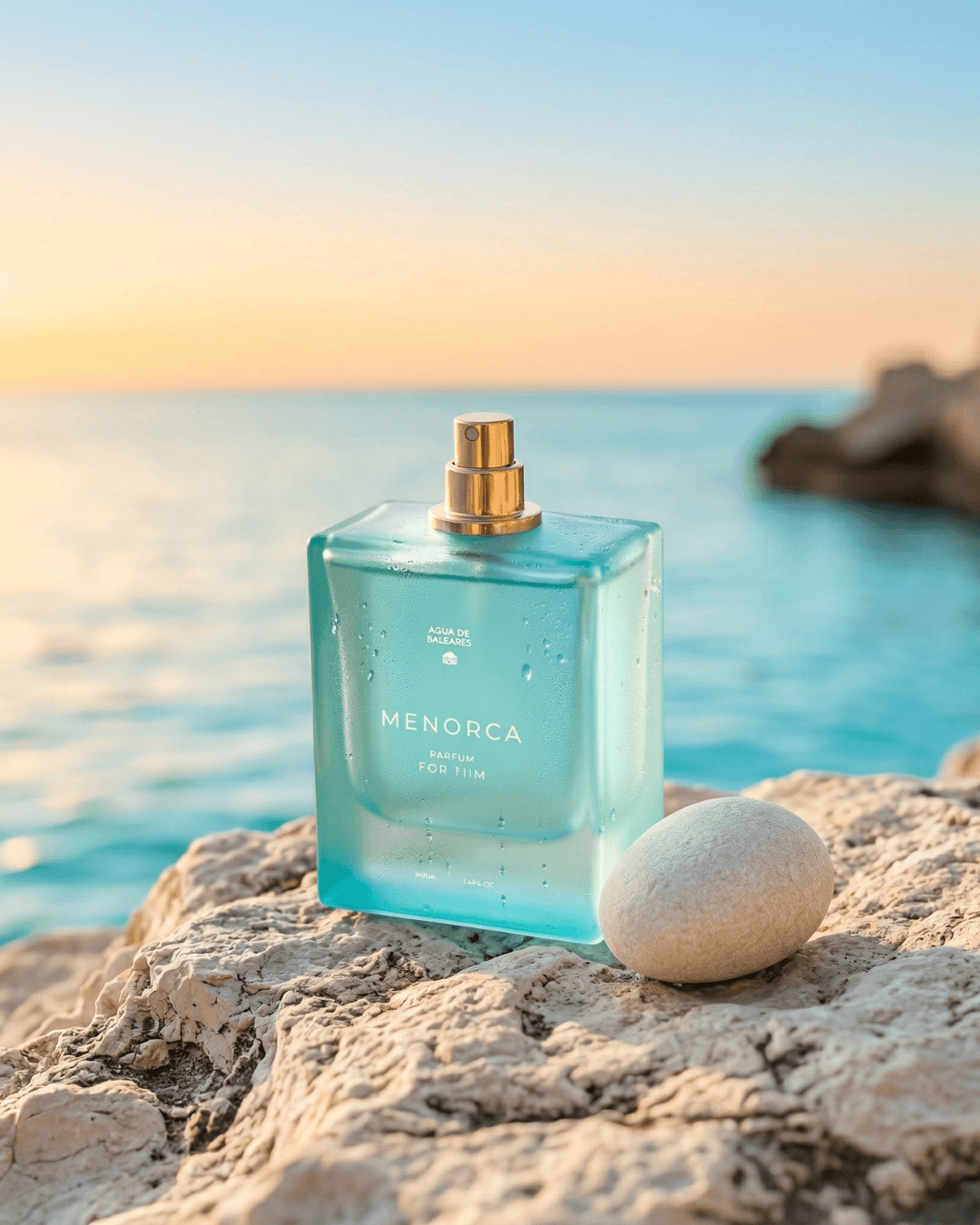 A square glass perfume bottle labeled MENORCA for Him, filled with light aqua blue liquid and topped with a gold spray mechanism, set on a rocky beach next to a smooth stone with a blurred ocean and sunset background.