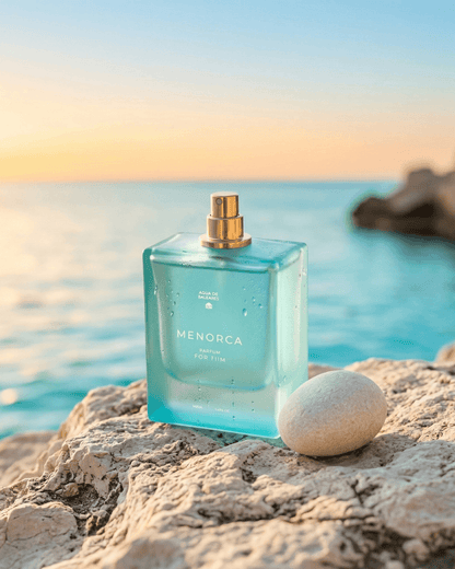 A square glass perfume bottle labeled MENORCA for Him, filled with light aqua blue liquid and topped with a gold spray mechanism, set on a rocky beach next to a smooth stone with a blurred ocean and sunset background.
