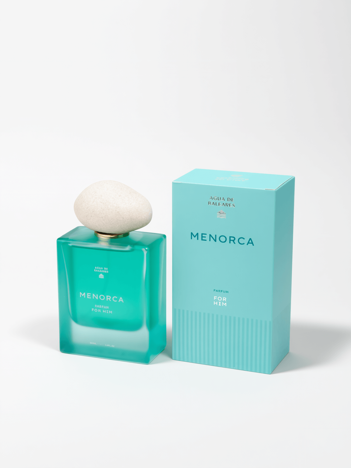 A bottle of Menorca Parfum in a translucent turquoise glass bottle with a white stone-like cap, shown next to its matching turquoise packaging box on a white background.