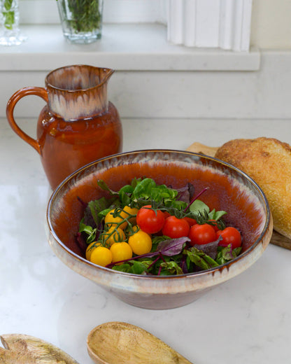 Ceramic salad serving bowl and matching pitcher