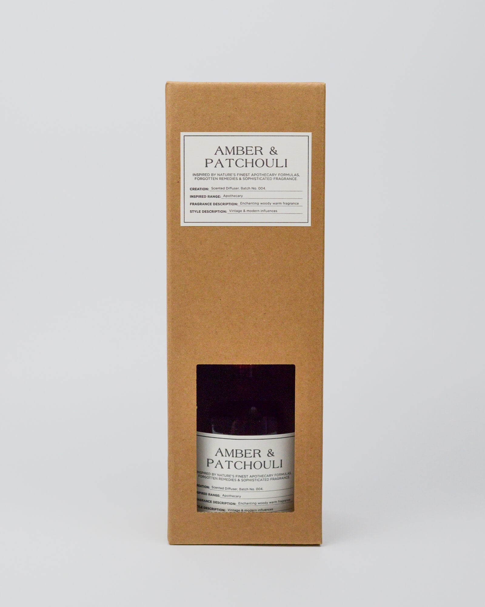 Amber & Patchouli product in a cardboard box on a white background