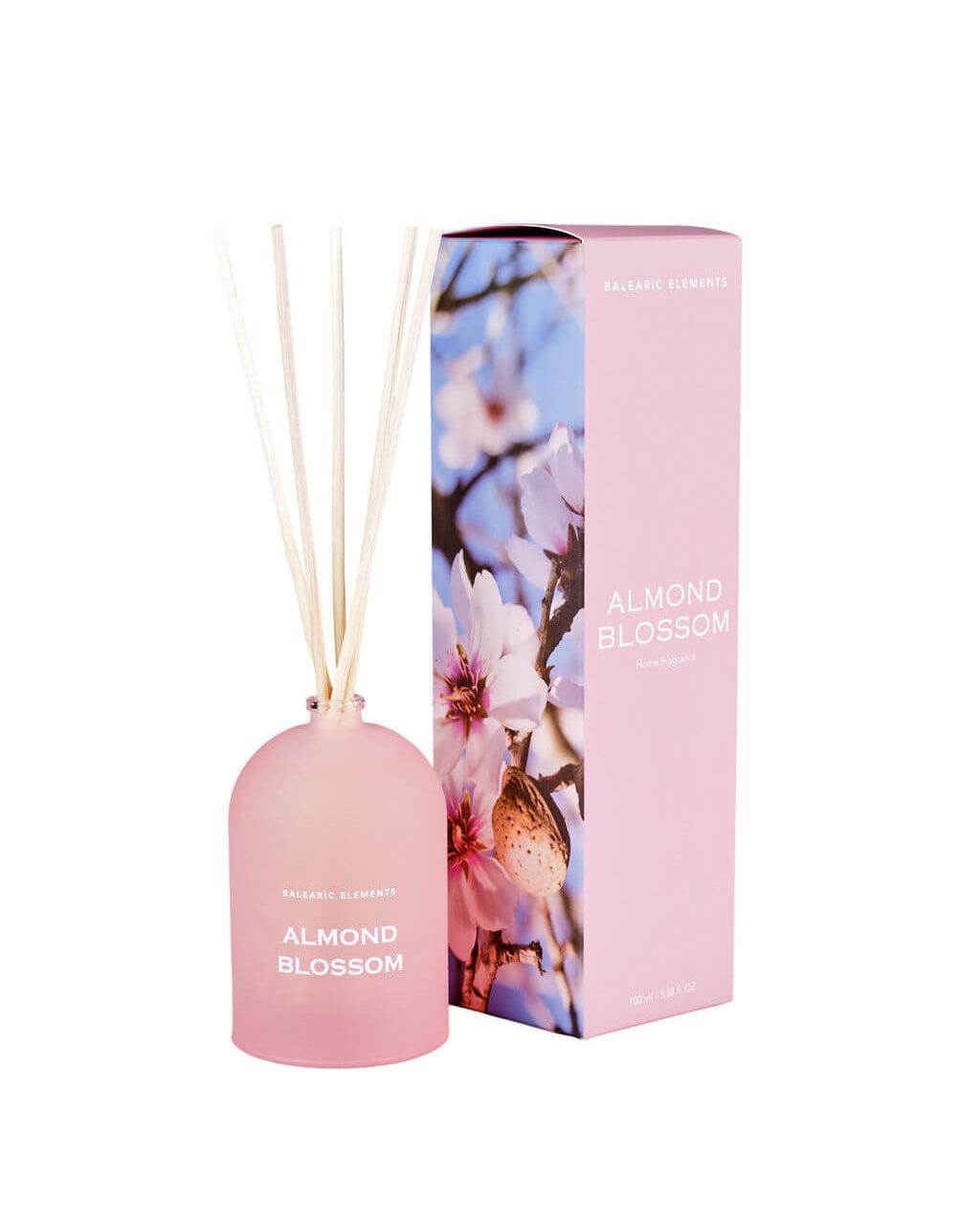 Pink diffuser with floral design and 'Almond Blossom' text on a white background