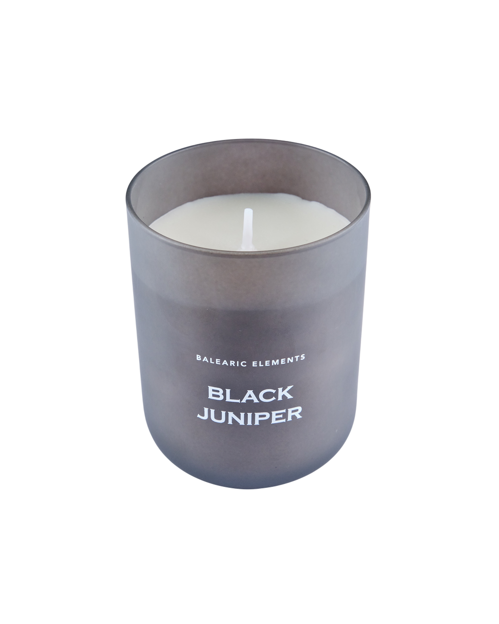 Candle in a gray container labeled 'Black Juniper' on a white background