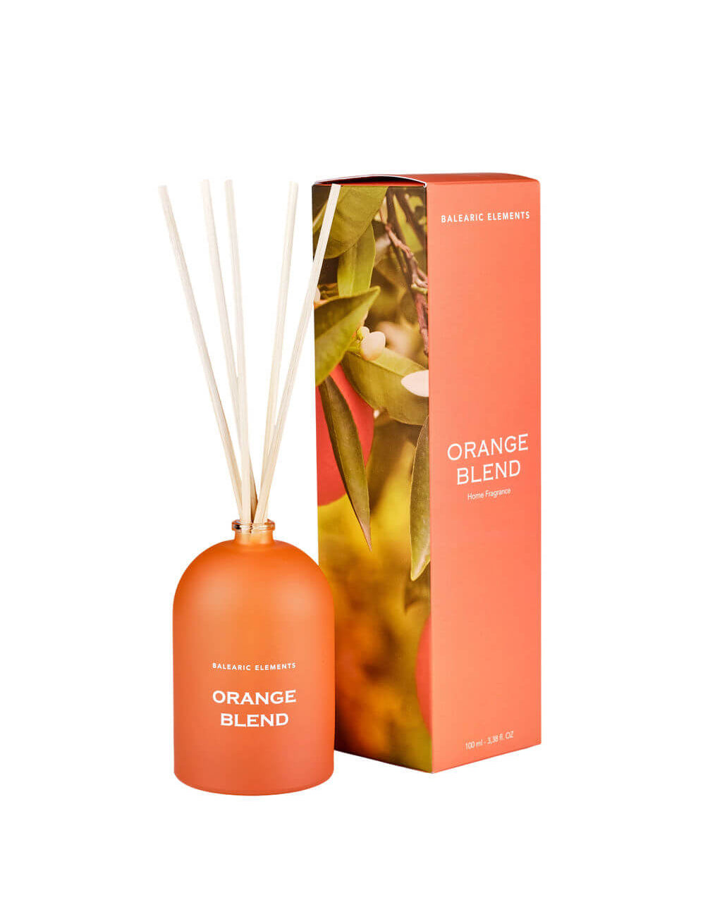 Balearic Elements Orange Blend Reed Diffuser with packaging on a white background 