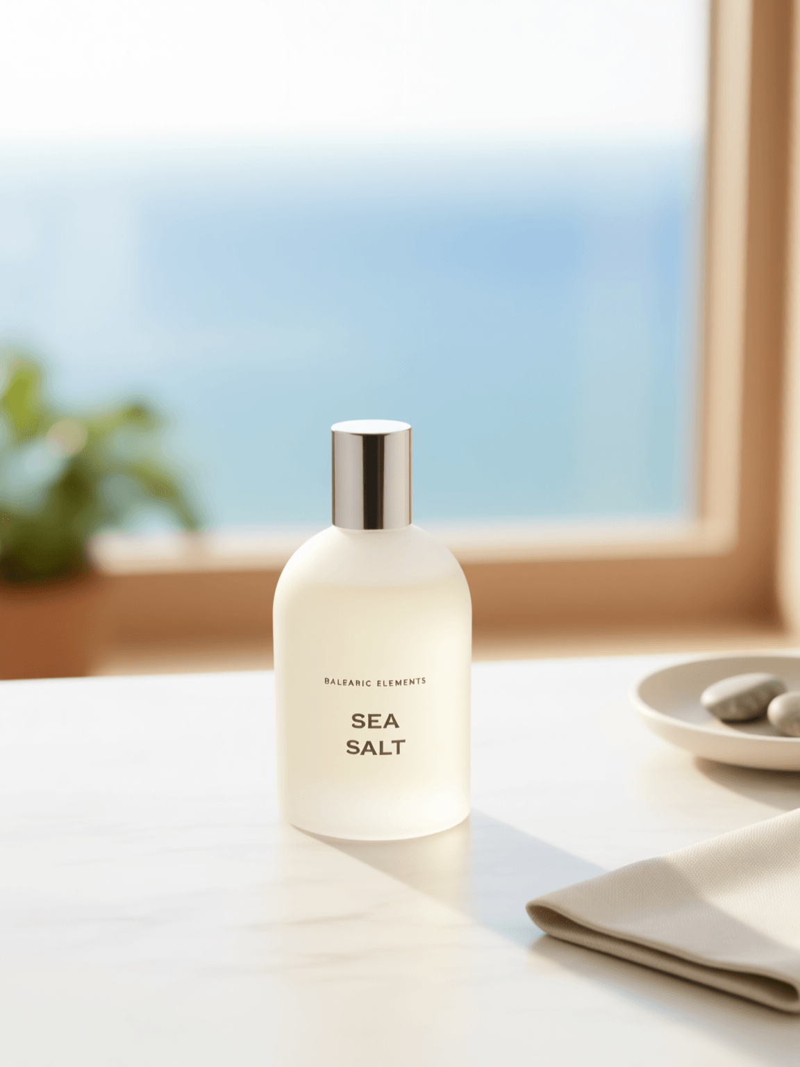 A frosted white bottle of Balearic Elements Sea Salt perfume with a silver cap, set on a light marble countertop with a blurred window and ocean view in the background.