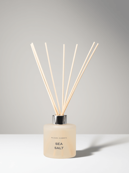 A reed diffuser bottle with a frosted pale beige glass body, black cap, and natural wood reeds, labeled 'SEA SALT' on a light gray background.