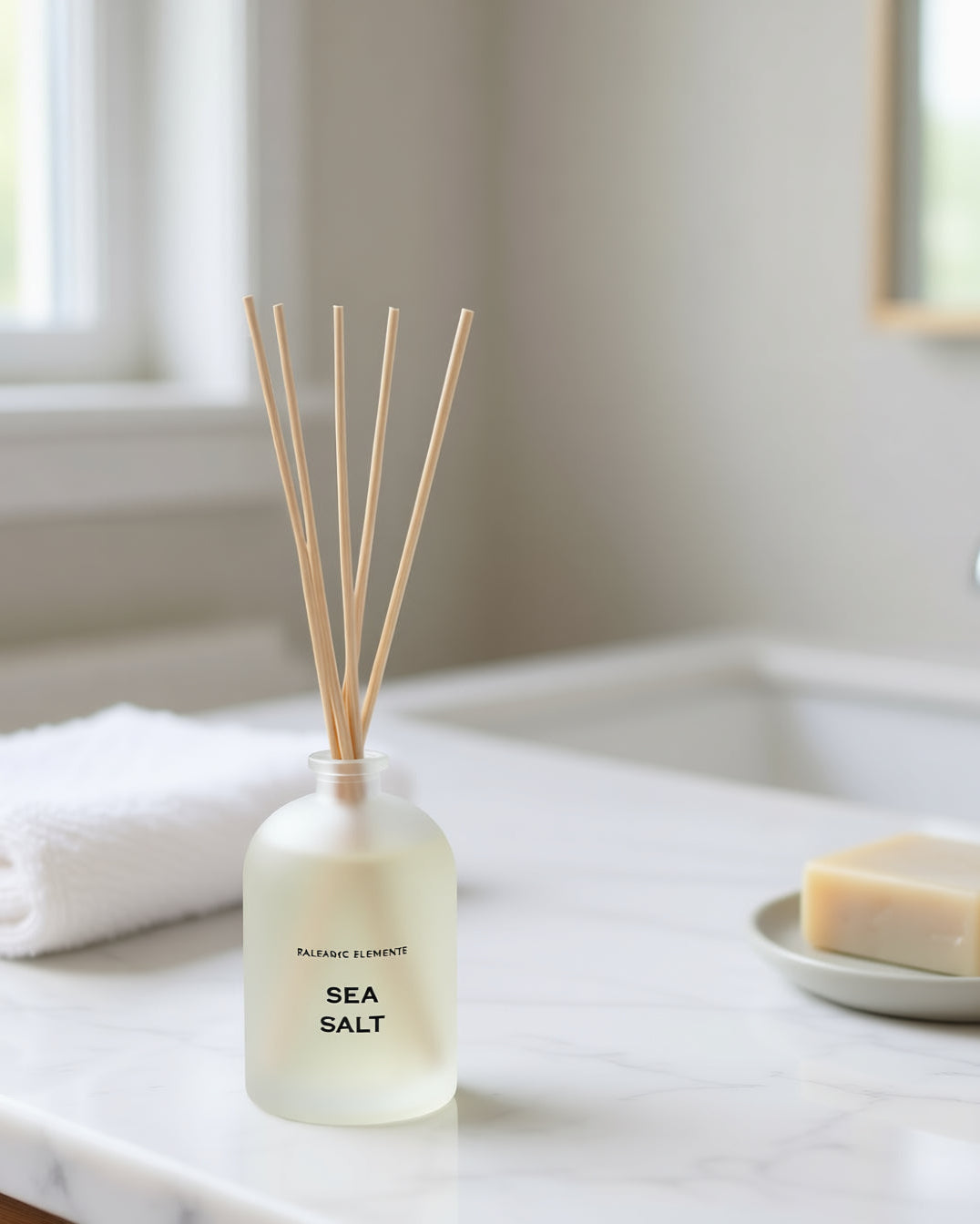 Diffuser bottle labeled 'Sea Salt' on a bathroom counter with soap and towel in the background
