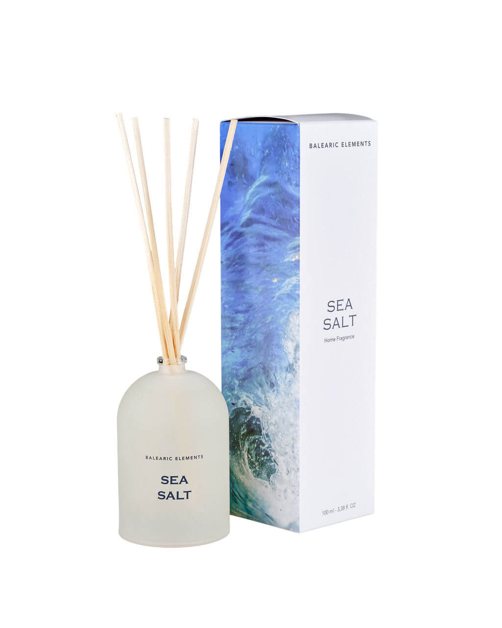 Sea salt diffuser bottle with packaging on a white background