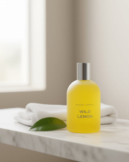 Yellow perfume bottle labeled 'Wild Lemon' on a marble surface with a white towel and green leaf.