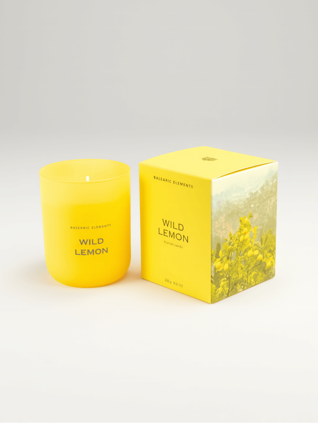 A bright yellow glass candle jar labeled 'WILD LEMON' stands next to its matching yellow box with a floral field print, on a clean white background.