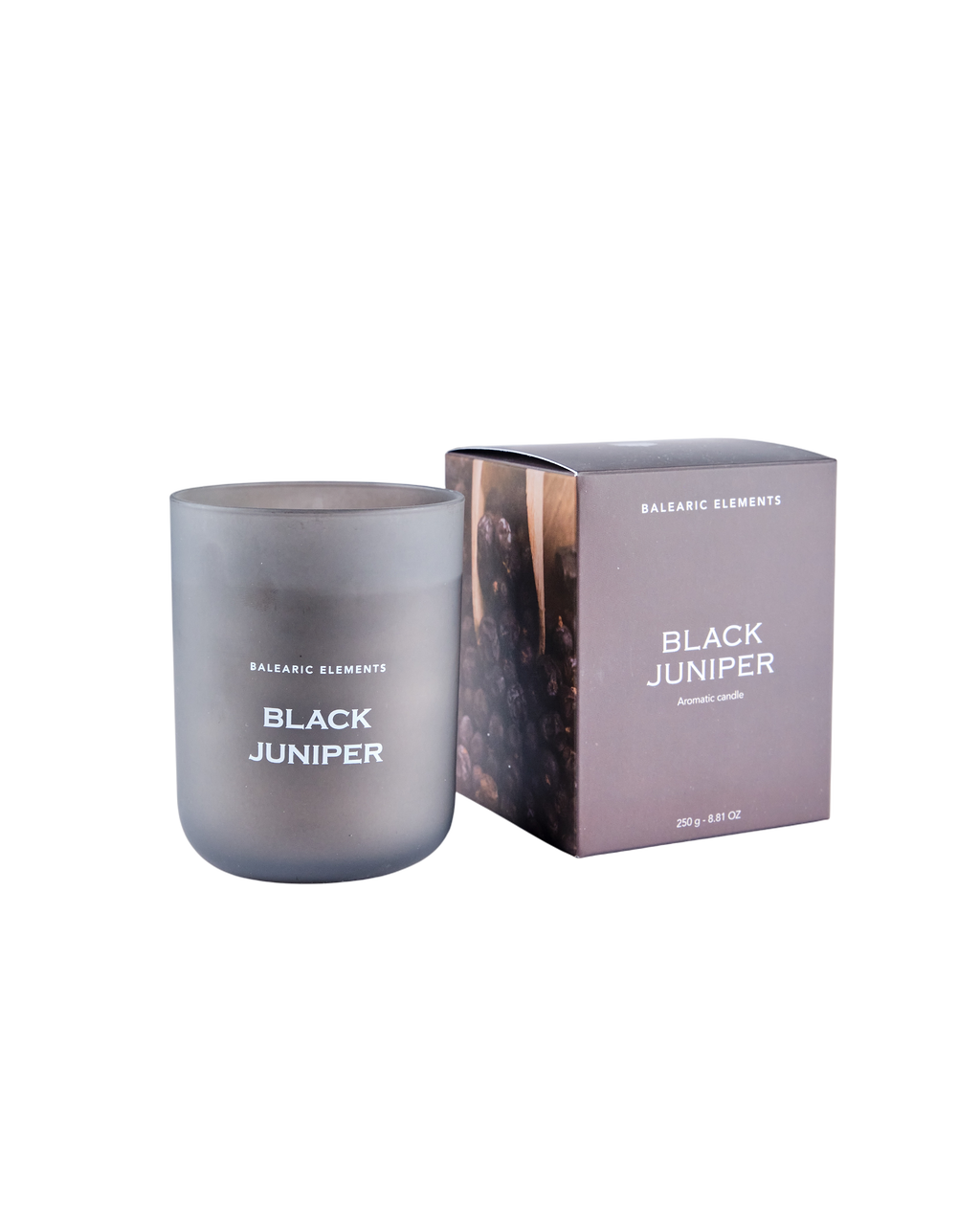 Smoke grey candle labeled 'Black Juniper' with its packaging on a white background