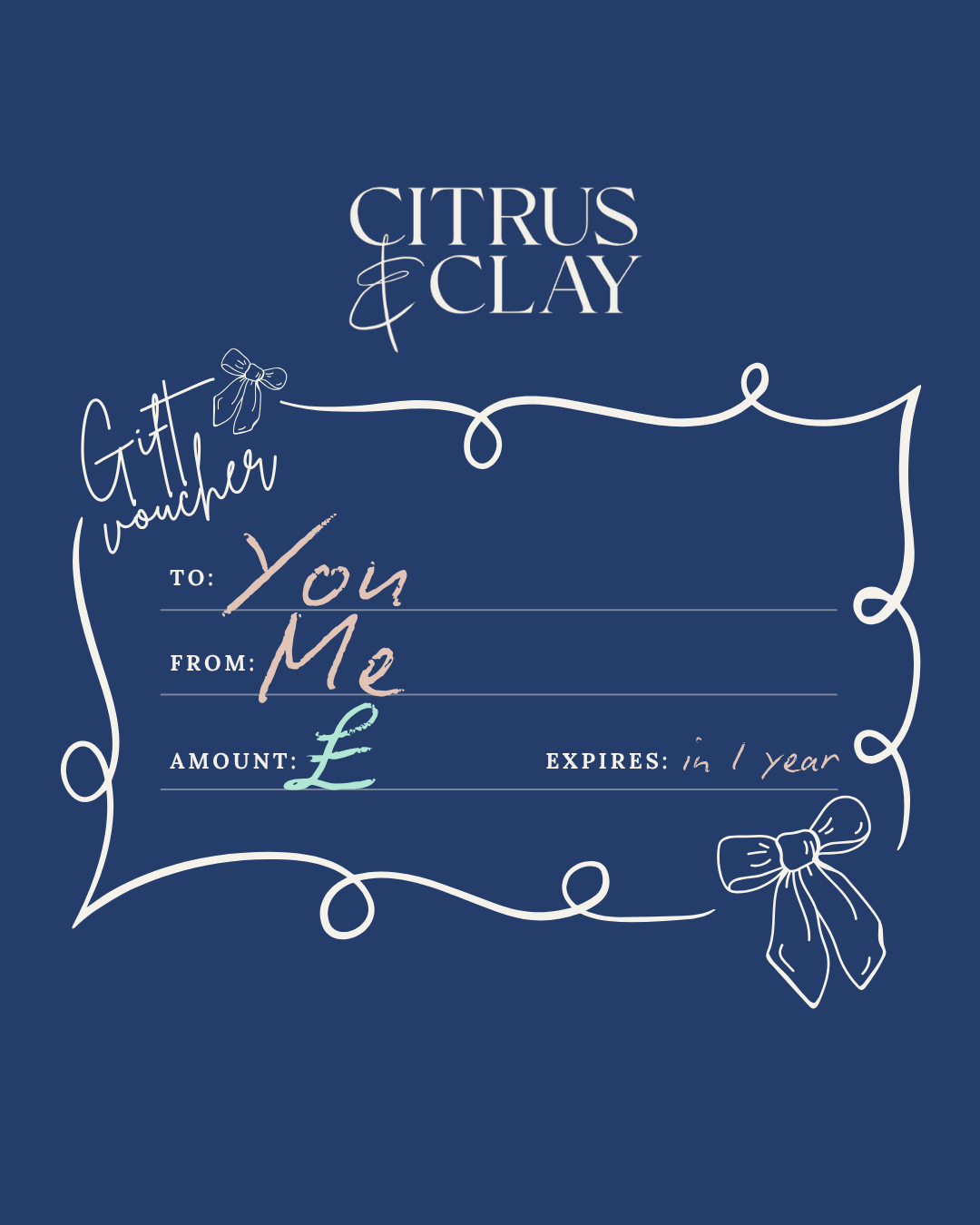 Gift voucher template with 'Citrus & Clay' branding on a blue background