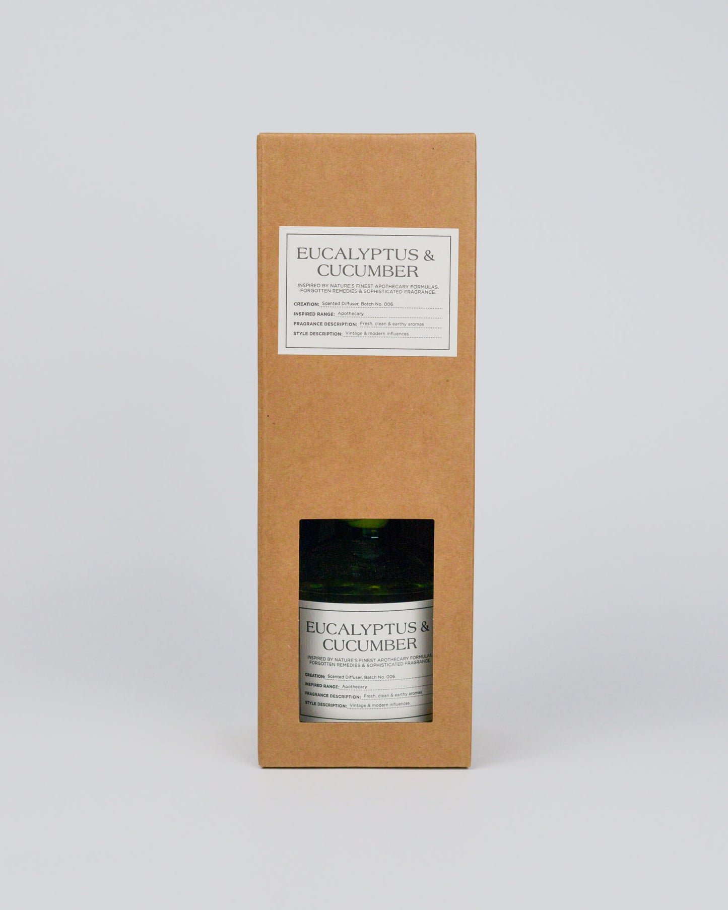 Reed diffuser labelled 'Eucalyptus & Cucumber' in a cardboard box on a white background