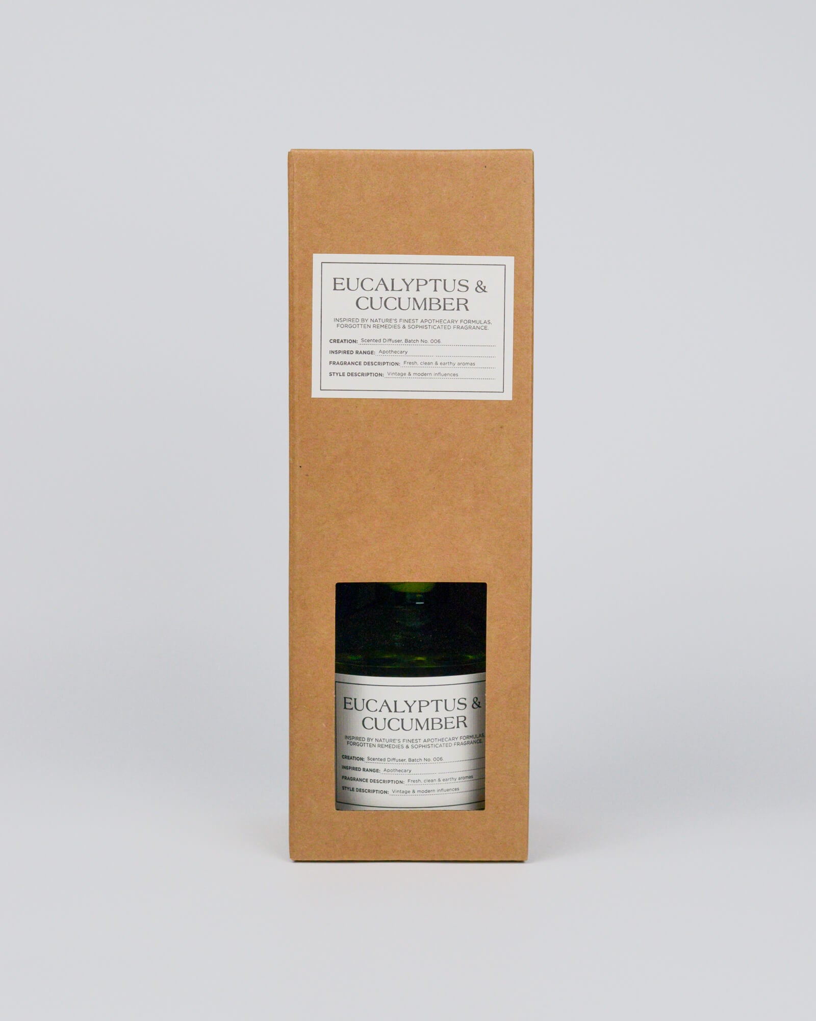 Reed diffuser labelled 'Eucalyptus & Cucumber' in a cardboard box on a white background