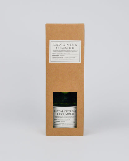 Reed diffuser labelled 'Eucalyptus & Cucumber' in a cardboard box on a white background