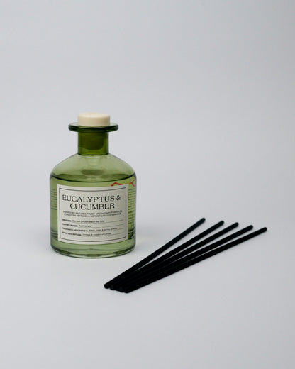 Green bottle labeled 'Eucalyptus & Cucumber' with black reeds on a white background