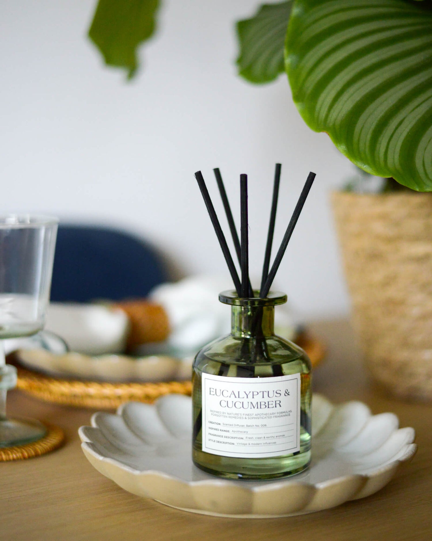 Light greend diffuser bottle labeled 'Eucalyptus & Cucumber' on a decorative plate with plants in the background