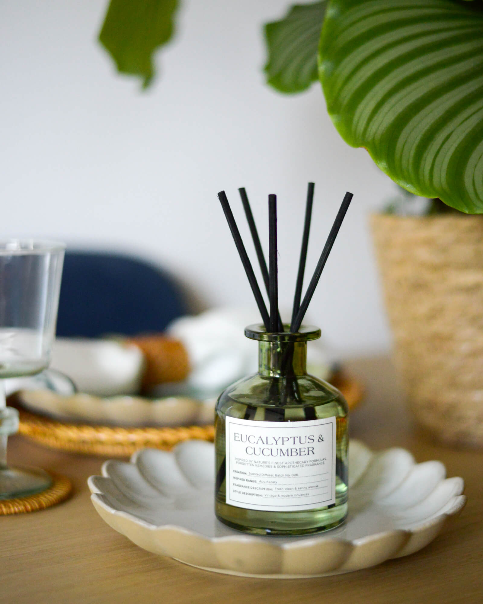 Light greend diffuser bottle labeled 'Eucalyptus & Cucumber' on a decorative plate with plants in the background