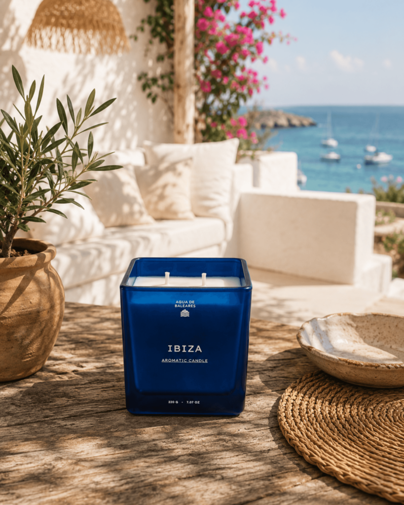 A blue rectangular scented candle by I81ZA sits on a wooden table in a sunlit outdoor patio setting with white lounge chairs, a potted plant, woven decor, and a blue sea background.
