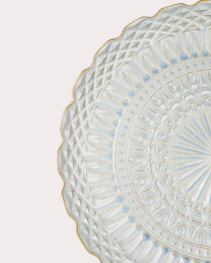 Decorative ceramic plate with intricate patterns on a white background