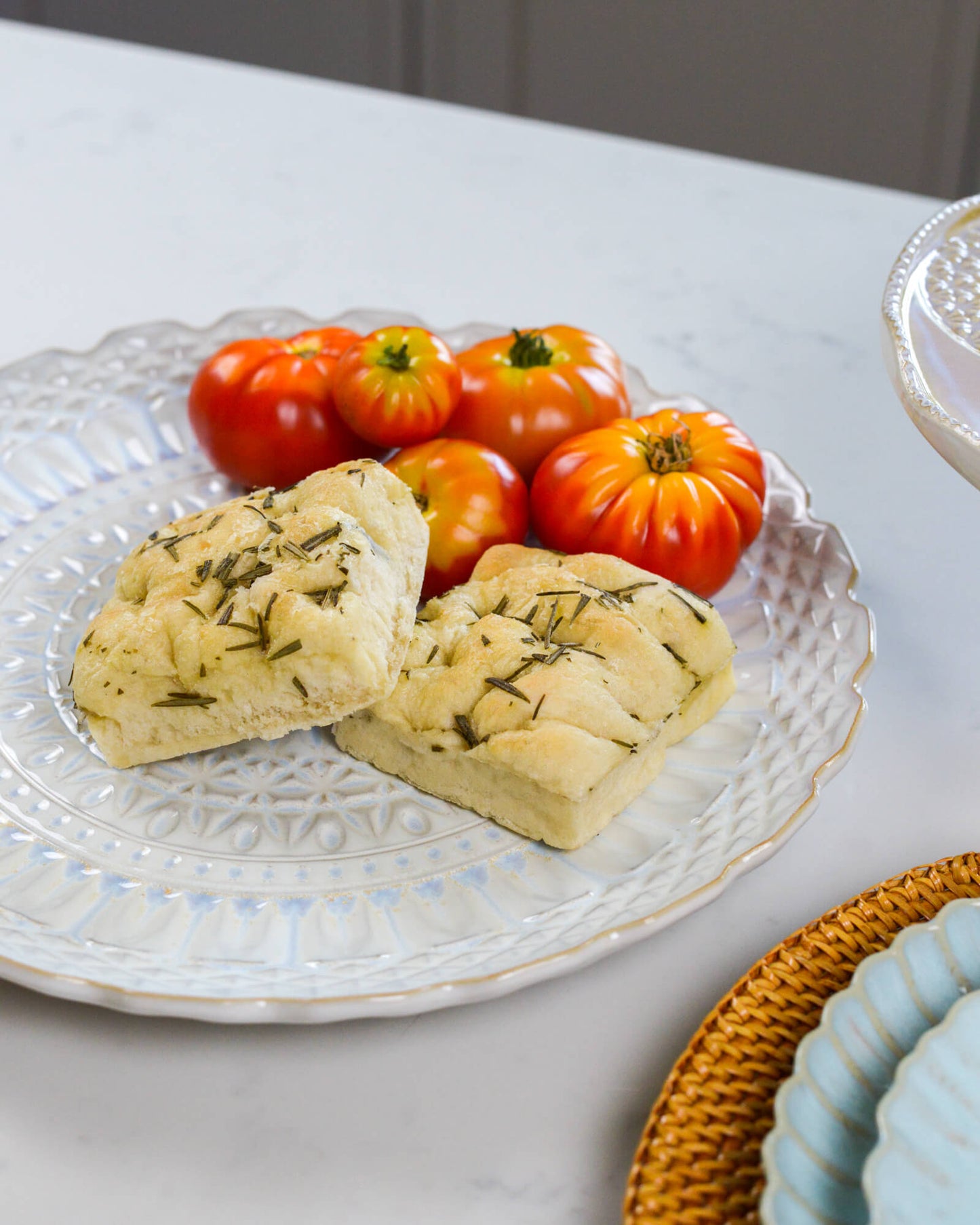 Large Decorative Serving Platter with tomatoes and bread on top of it