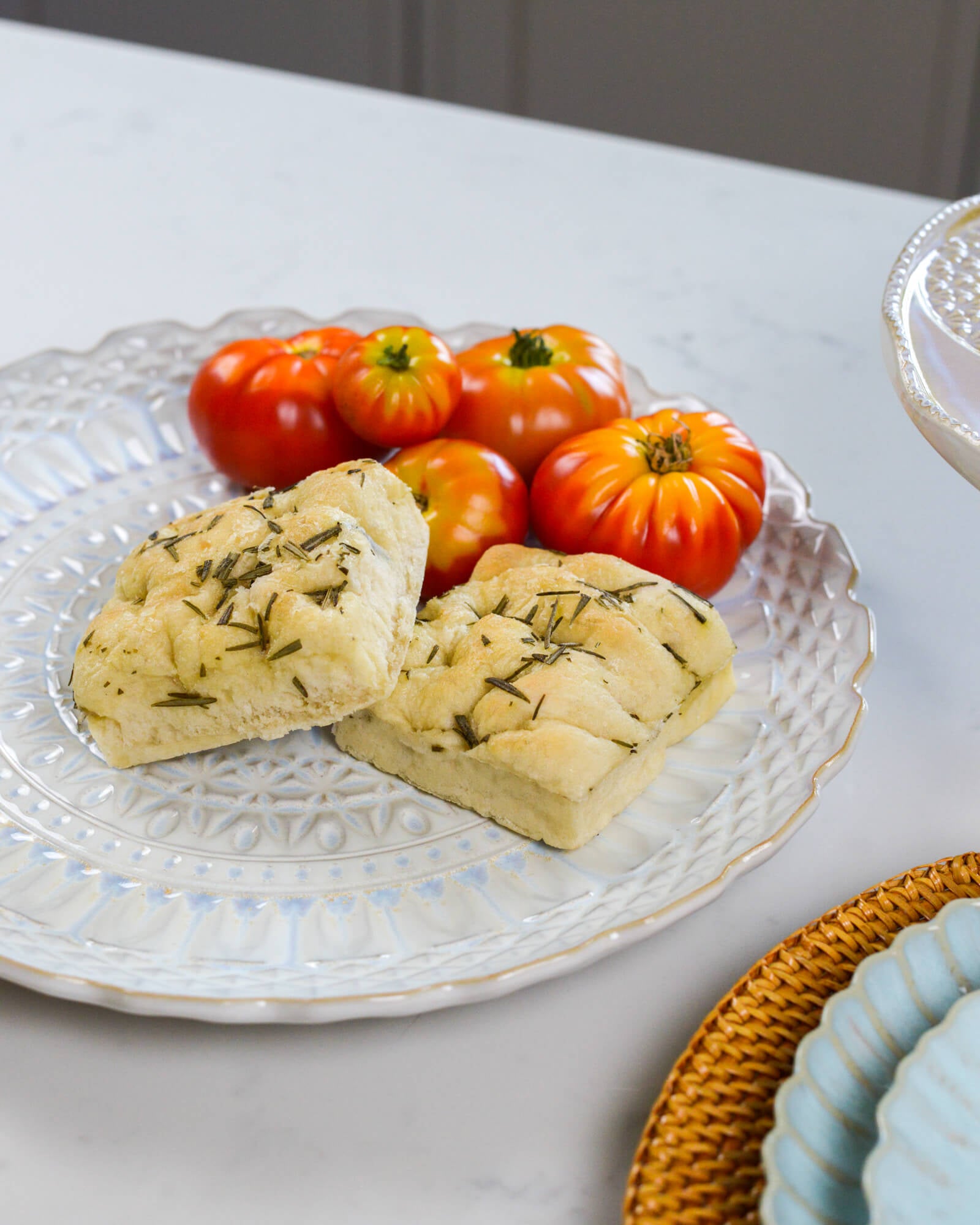 Large Decorative Serving Platter with tomatoes and bread on top of it