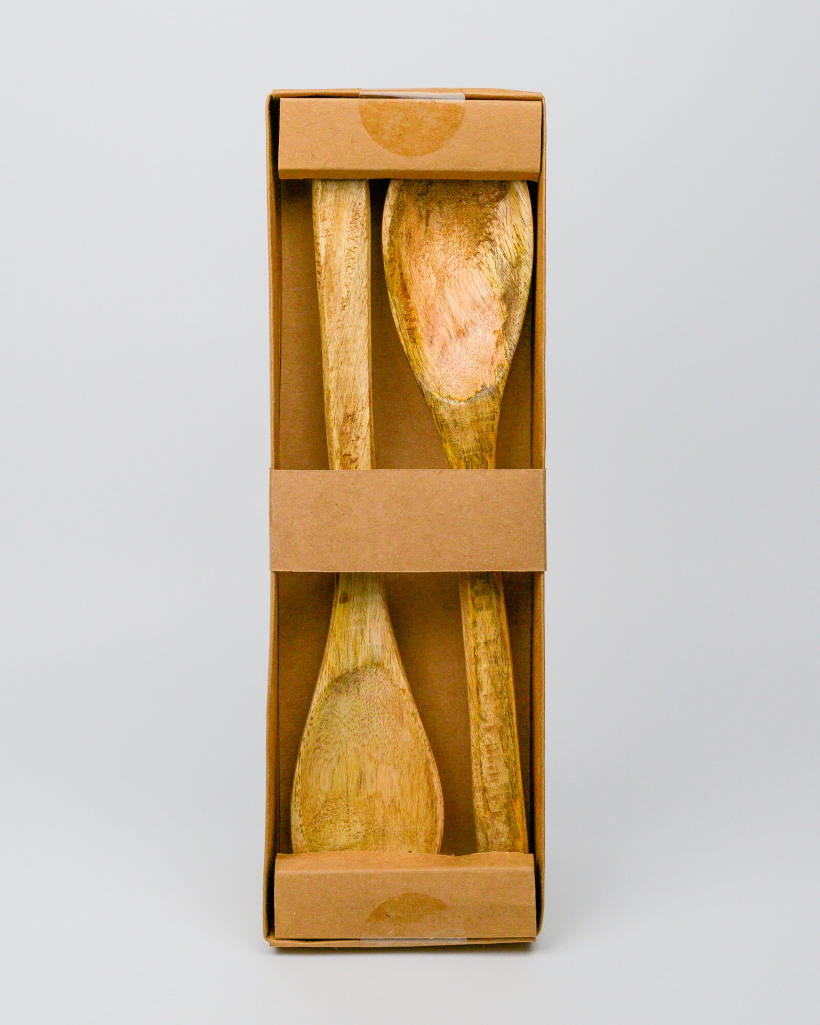 Mango wooden salad server set in a cardboard box on a white background