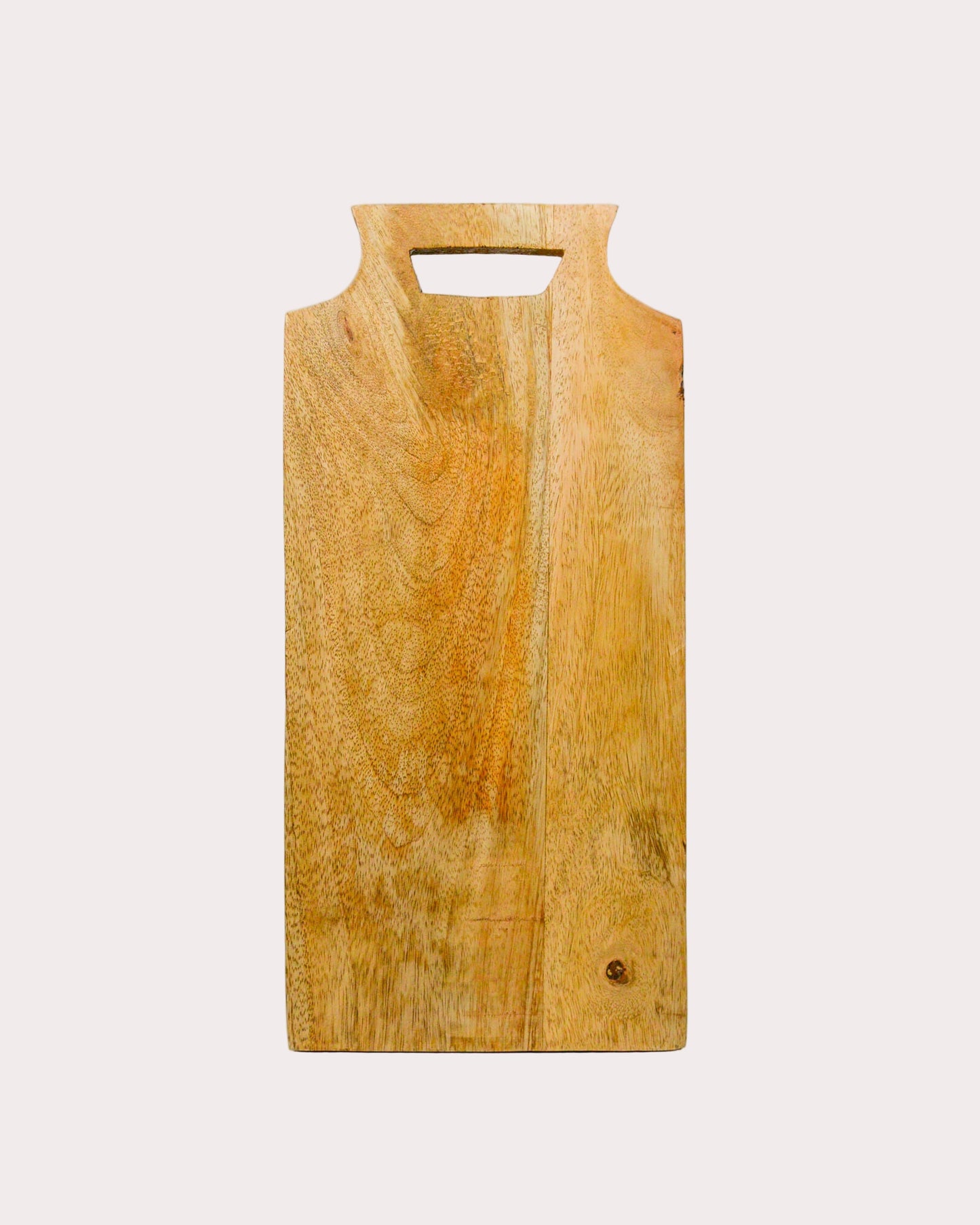 Wooden cutting board with handle on a white background