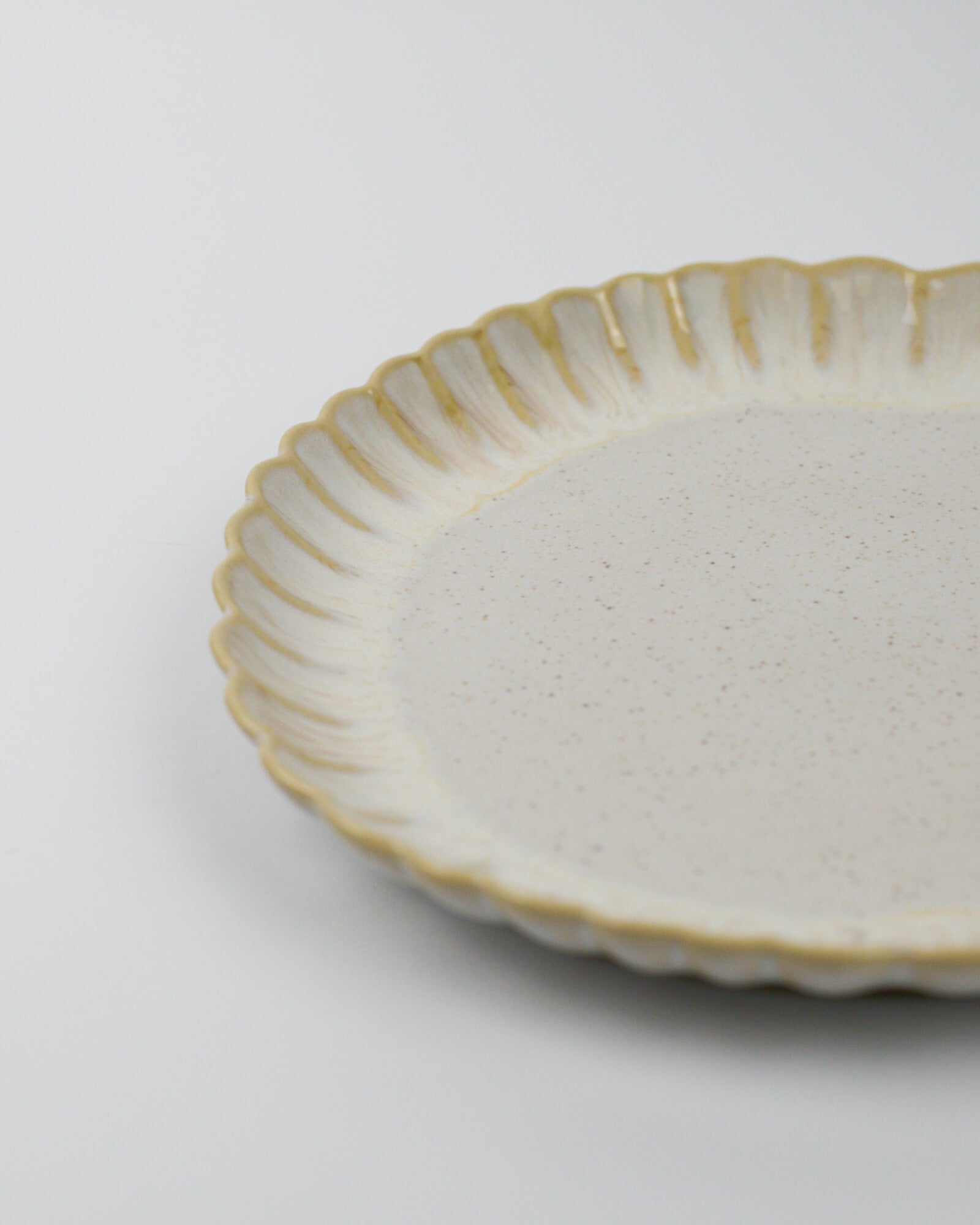 White ceramic plate with decorative rim on a white background