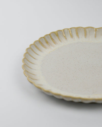 White ceramic plate with decorative rim on a white background