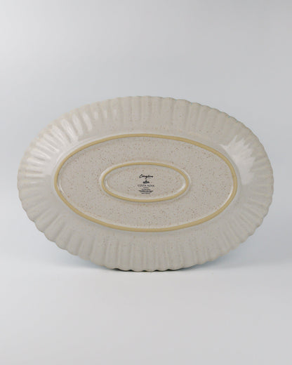 Decorative ceramic oval platter with textured design on a white background