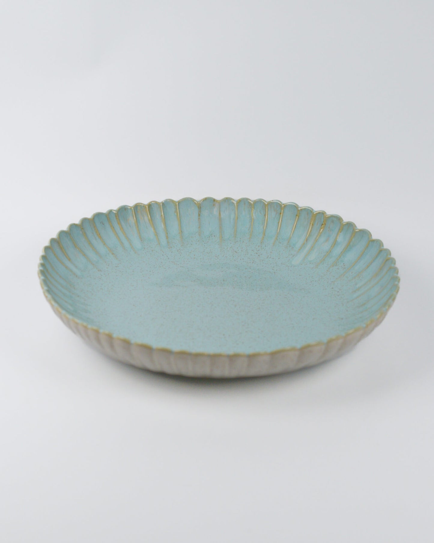 Large light blue ceramic bowl with textured rim on a white background