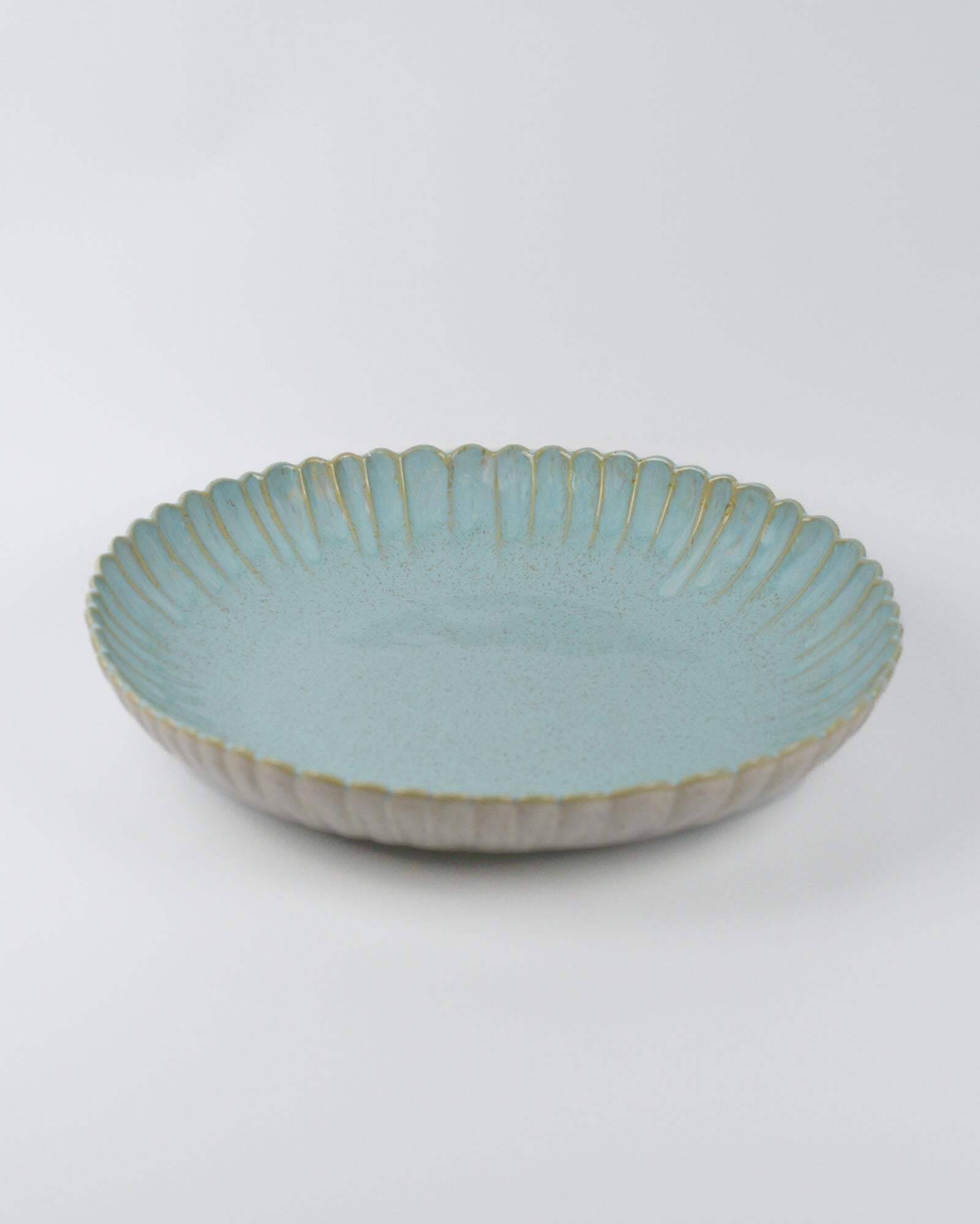 Large light blue ceramic bowl with textured rim on a white background