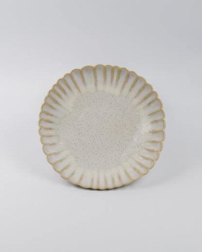 Ceramic pasta bowl with decorative rim on a white background