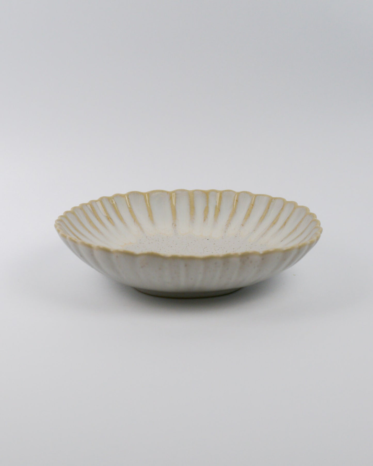 Ceramic pasta bowl with decorative edge on a white background