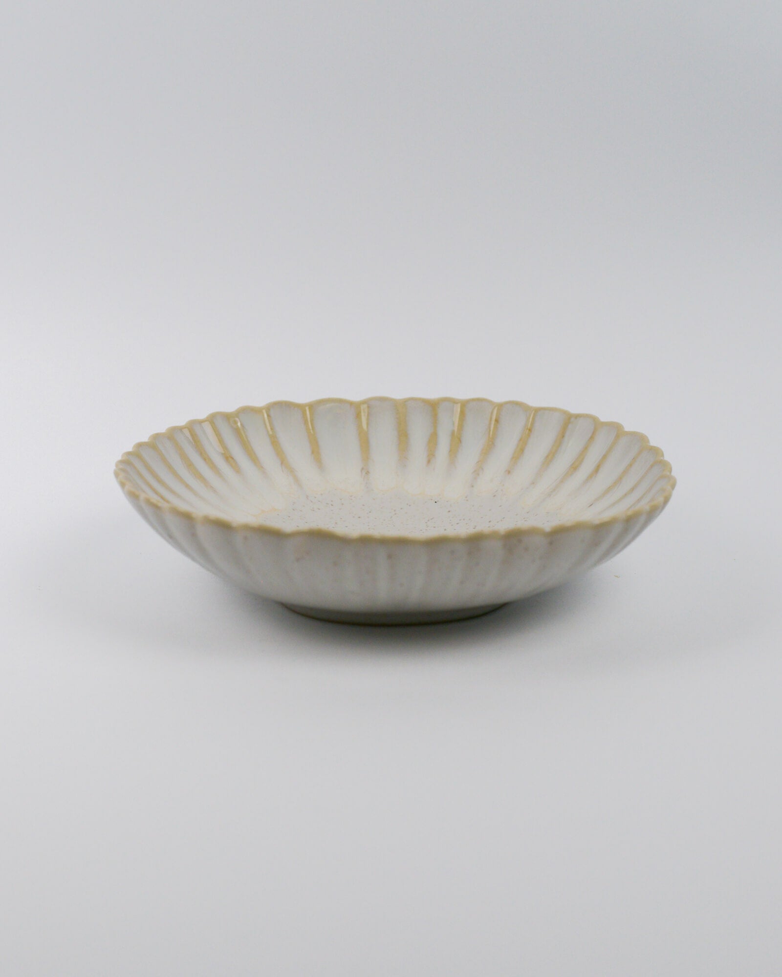 Ceramic pasta bowl with decorative edge on a white background