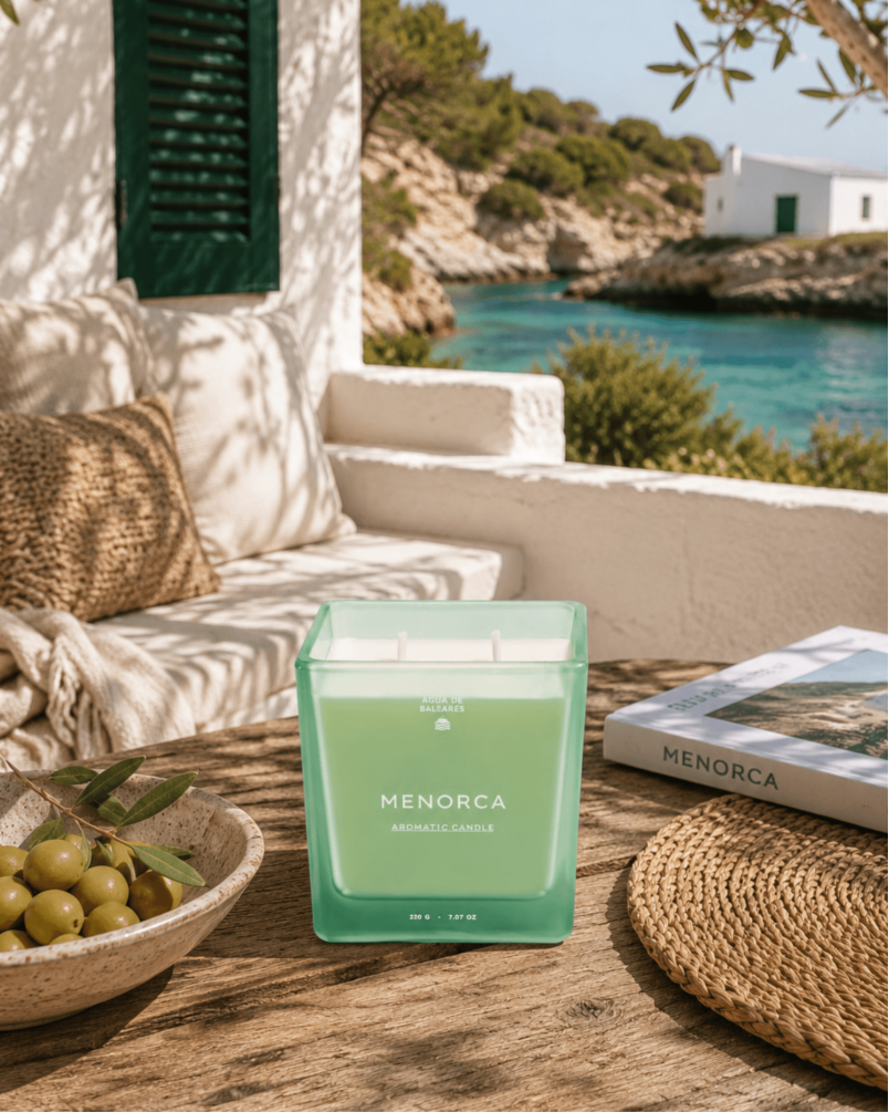 A square glass jar candle in a mint green  sits on a rustic wooden table in a sunlit outdoor setting with a Mediterranean-style white wall, turquoise water, olive branches, and a book labeled MENORCA.