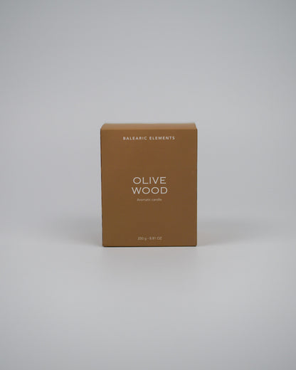 Brown box labeled 'Olive Wood' by Balearic Elements on a white background