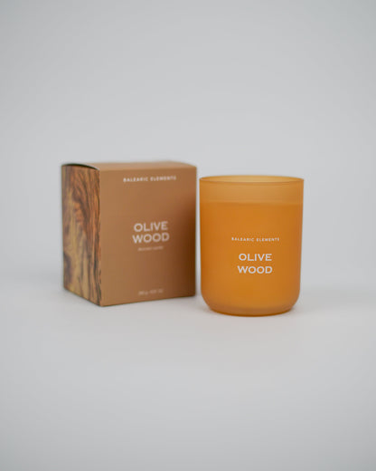 Olive Wood scented candle and packaging on a white background