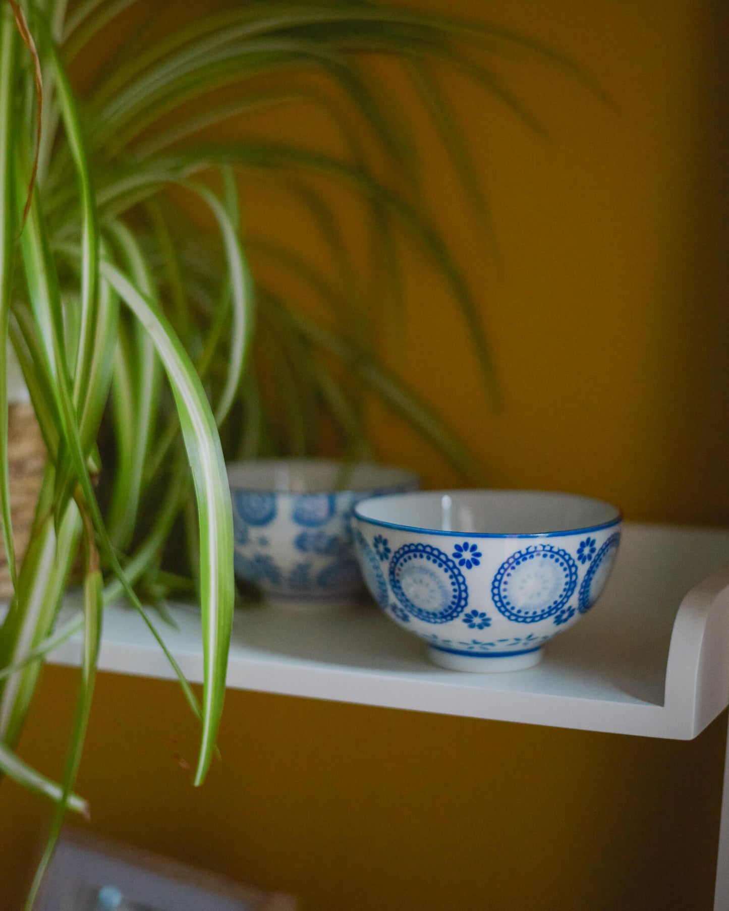 White shelf with small blue and white patterned ceramic bowls against a yellow wall with a plant.