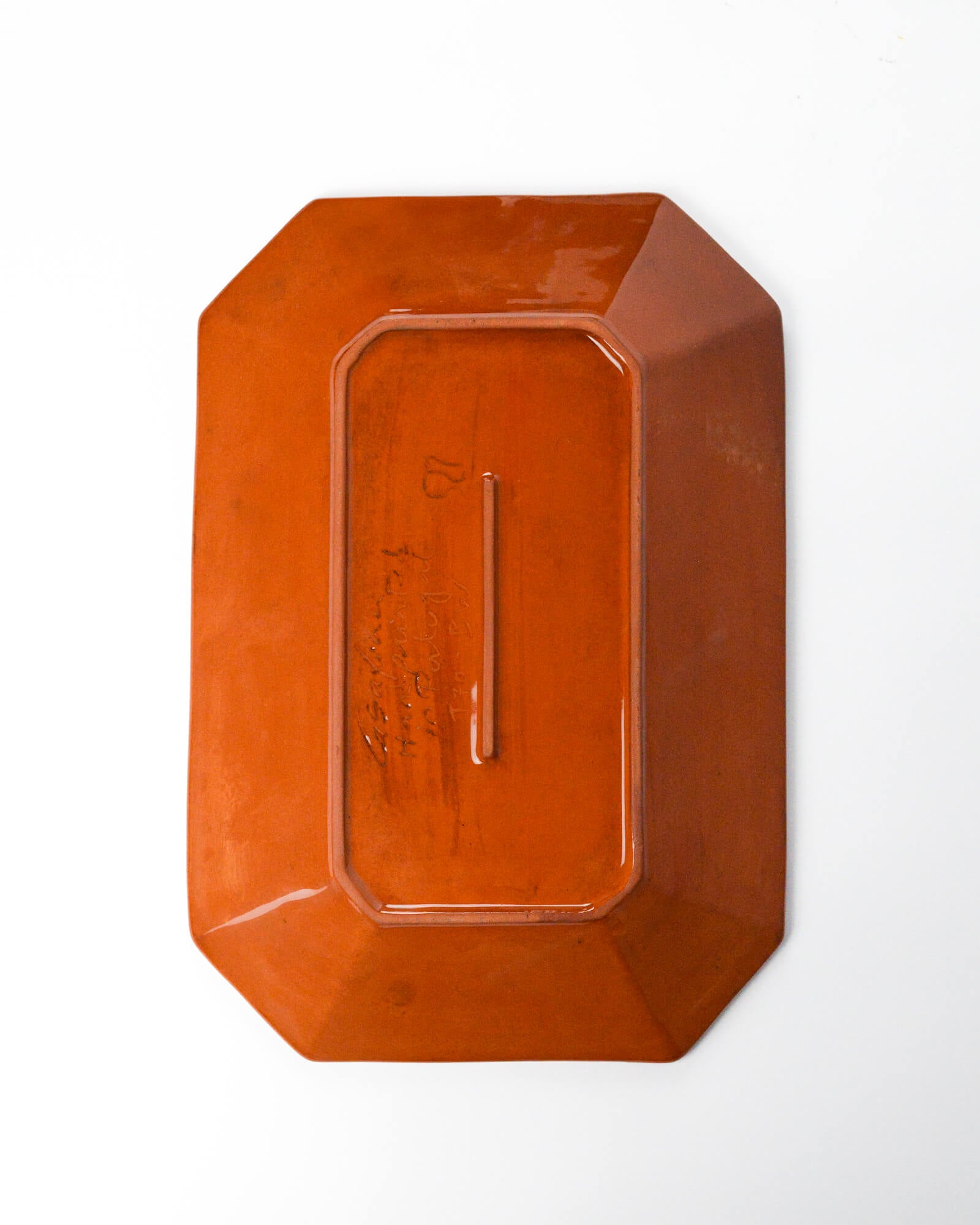 Detail of terracotta rectangular ceramic plate on a white background