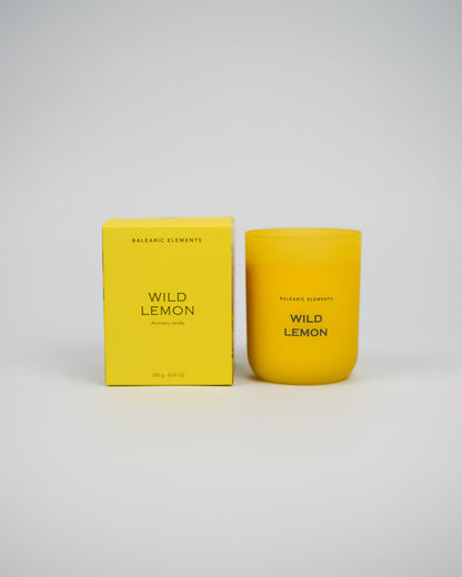 Yellow scented candle and packaging with 'Wild Lemon' text on a white background